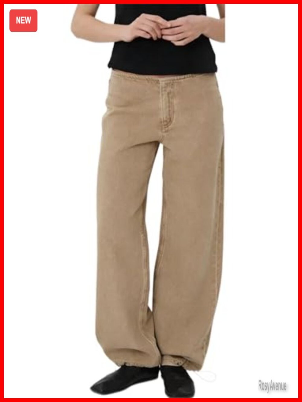 Women's Low Rise Wide Leg Jeans Drawstring Hem 100% Cotton Denim